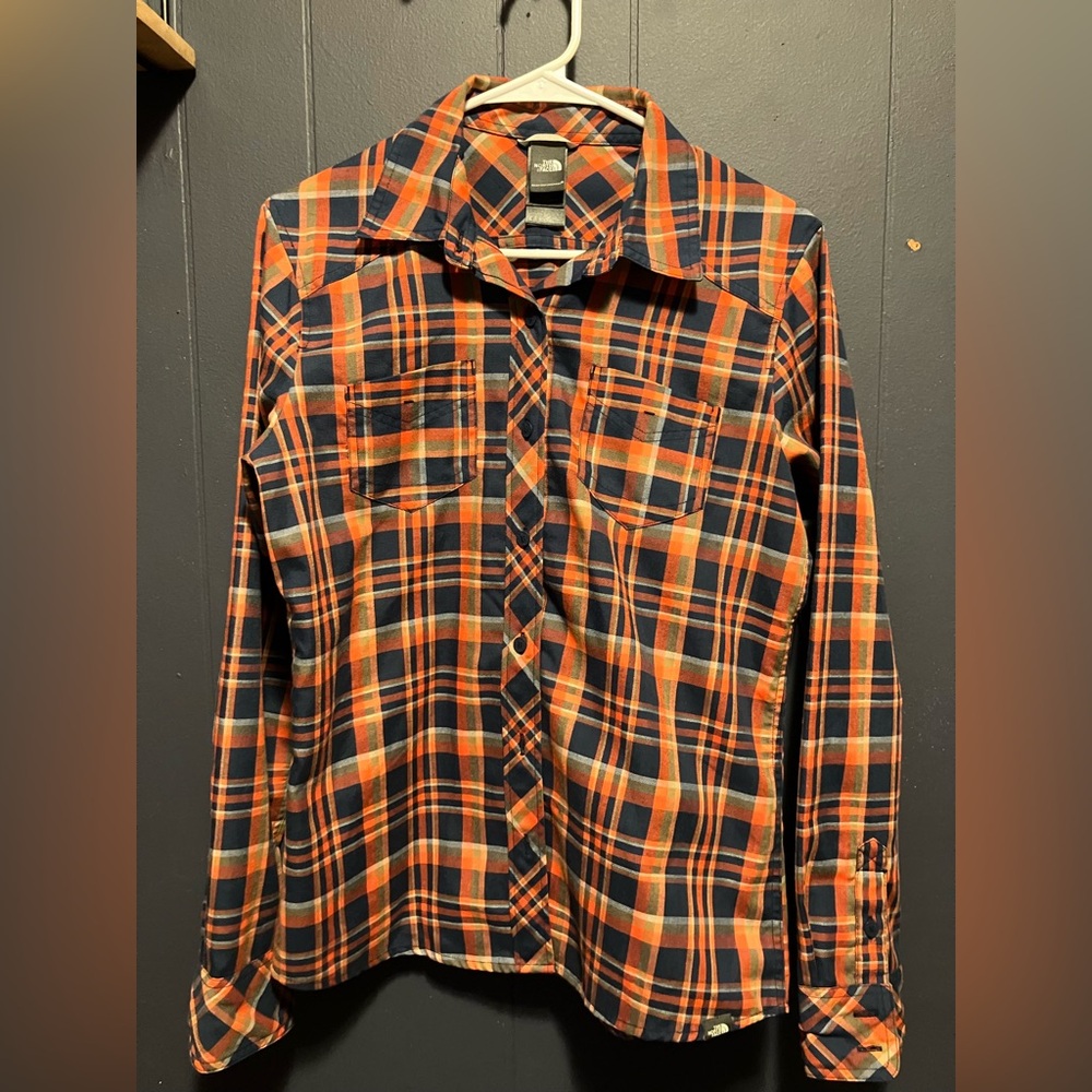 The North Face Orange and Navy Plaid Shirt Medium